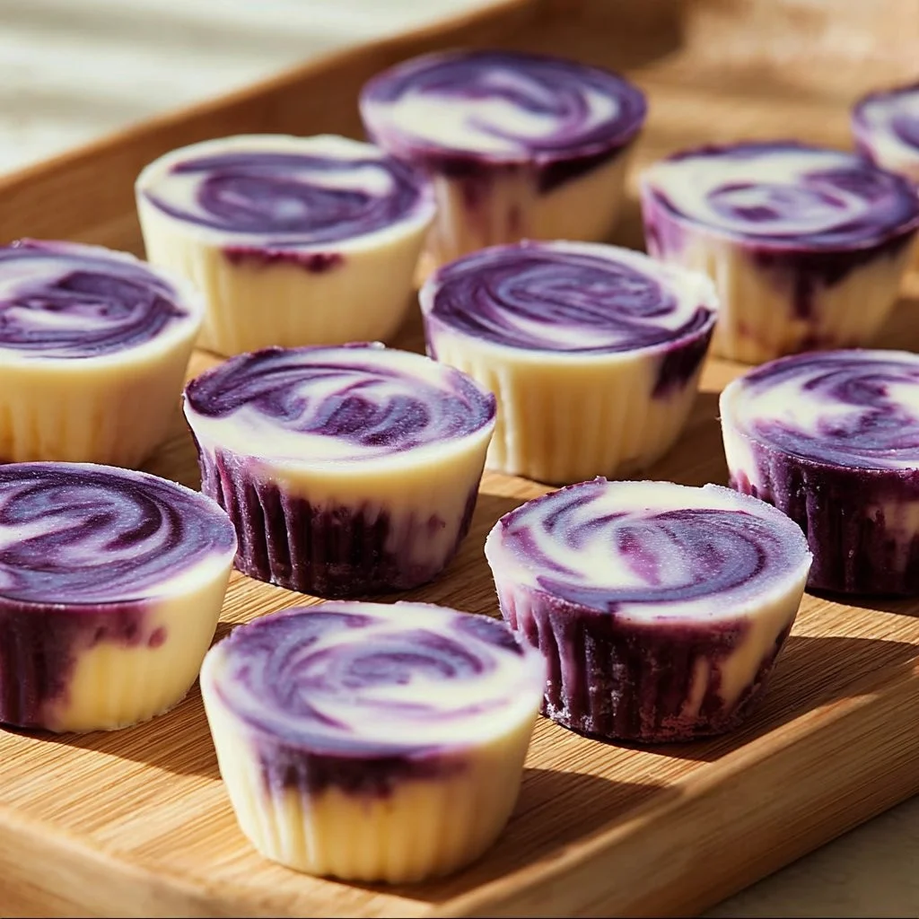 Blueberry Swirl Yogurt Bites in a white bowl with fresh blueberries