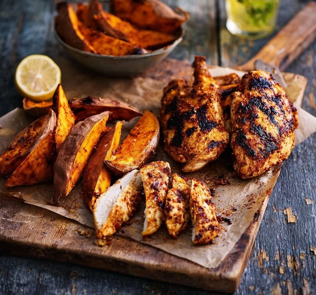 Plate of Cajun chicken served with crispy sweet potato wedges