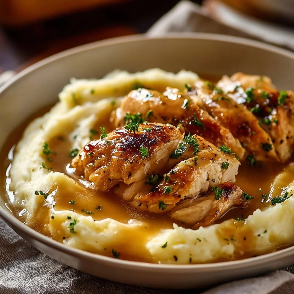 Delicious chicken and garlic gravy served with cheesy mashed potatoes