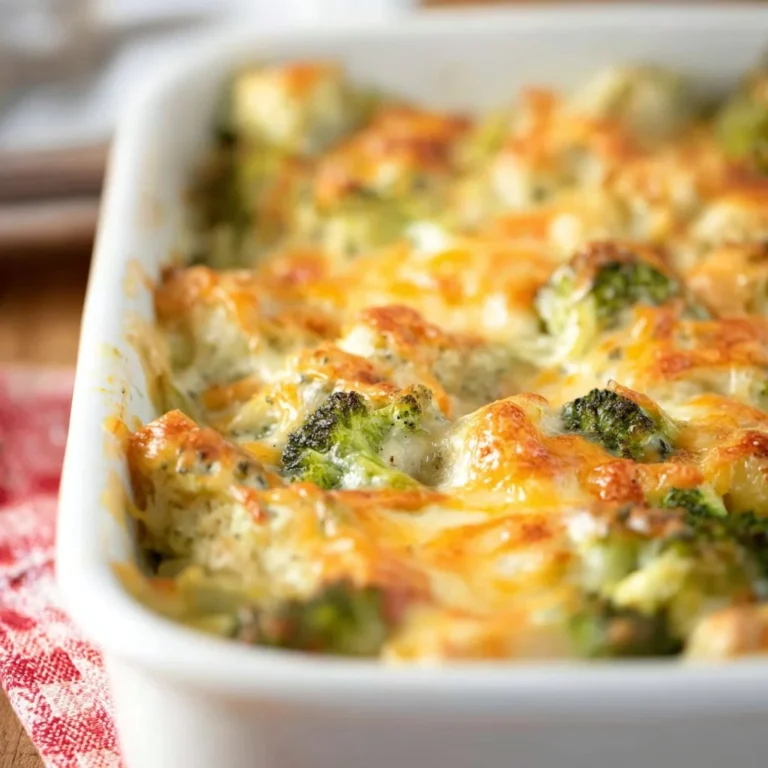 A creamy Chicken Broccoli Bake garnished with cheese and herbs, ready for dinner.