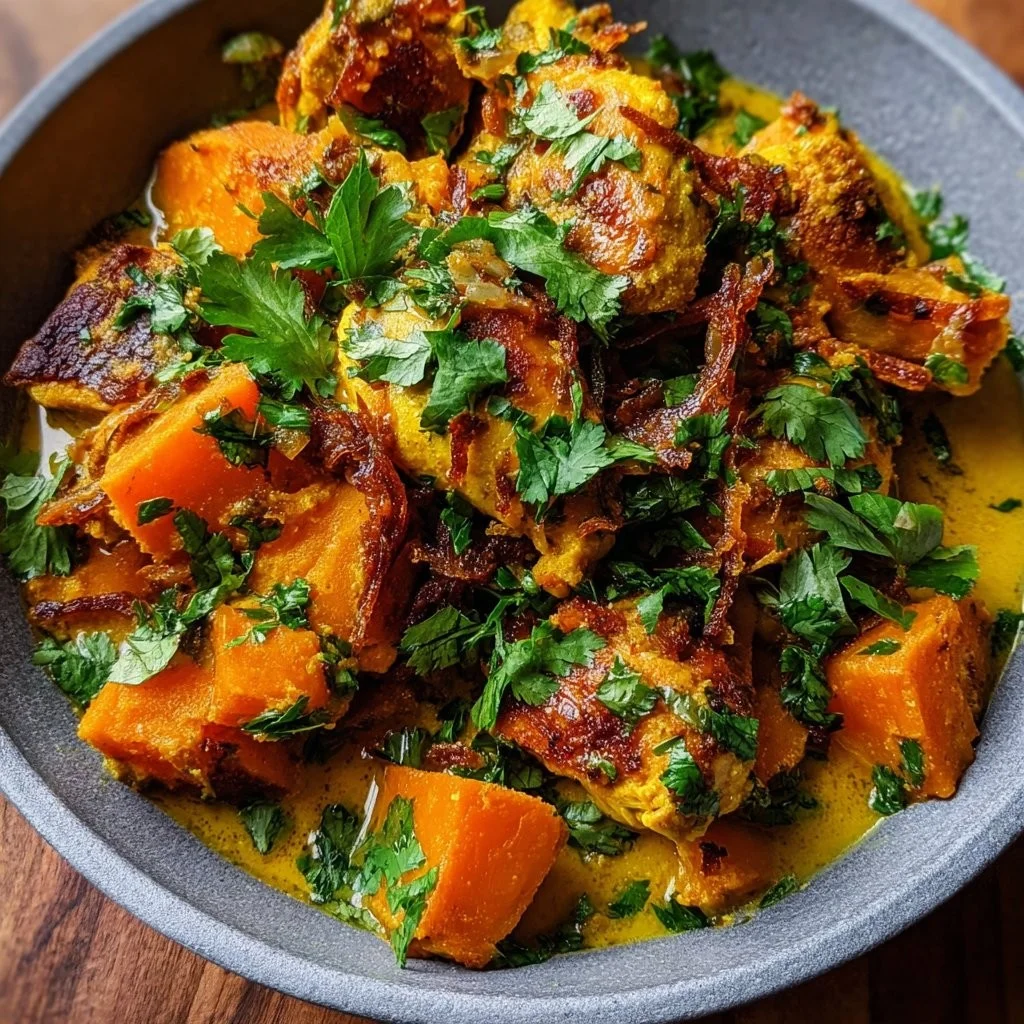 Coconut Turmeric Chicken served with sweet potatoes and crispy shallot oil