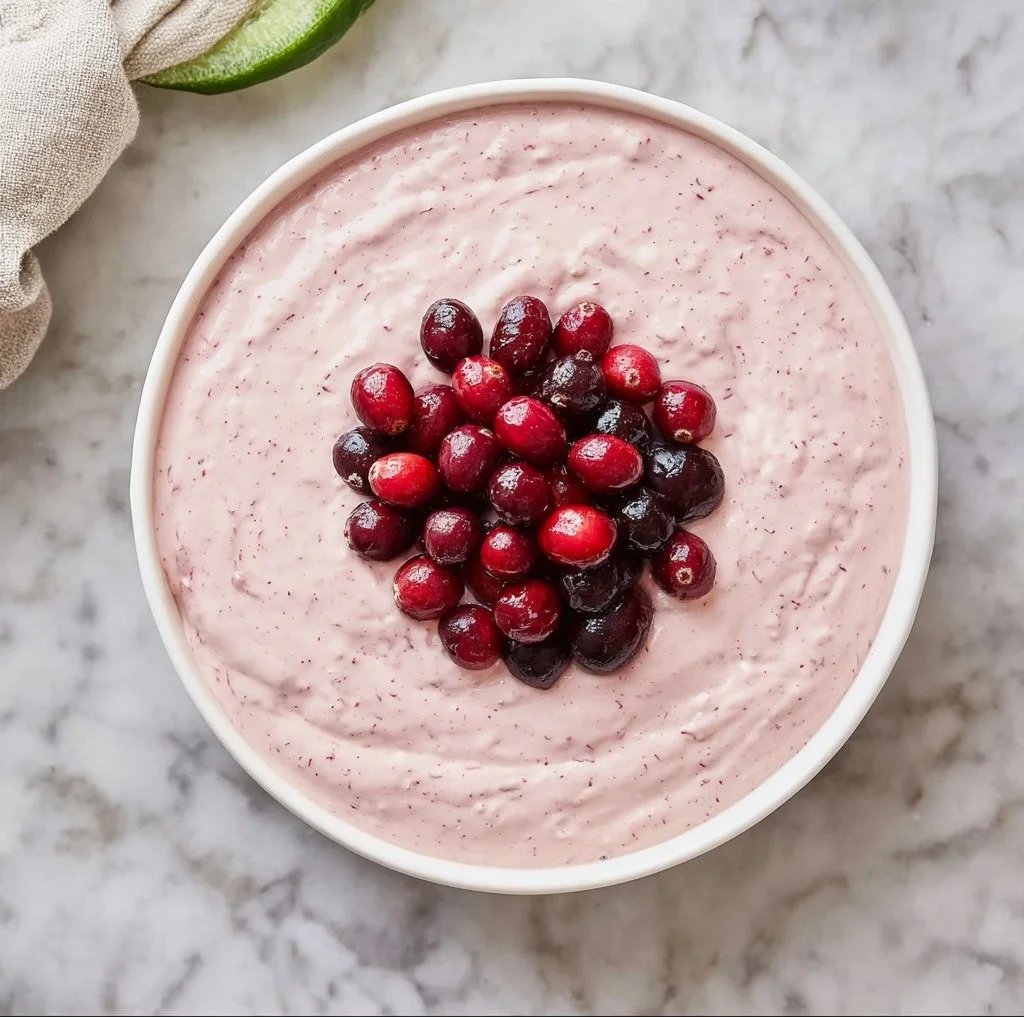 Cranberry Jalapeño Dip served in a bowl garnished with fresh herbs