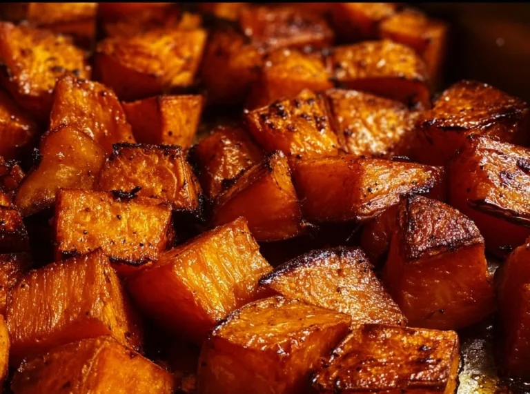 Bowl of easy honey roasted sweet potatoes garnished with herbs