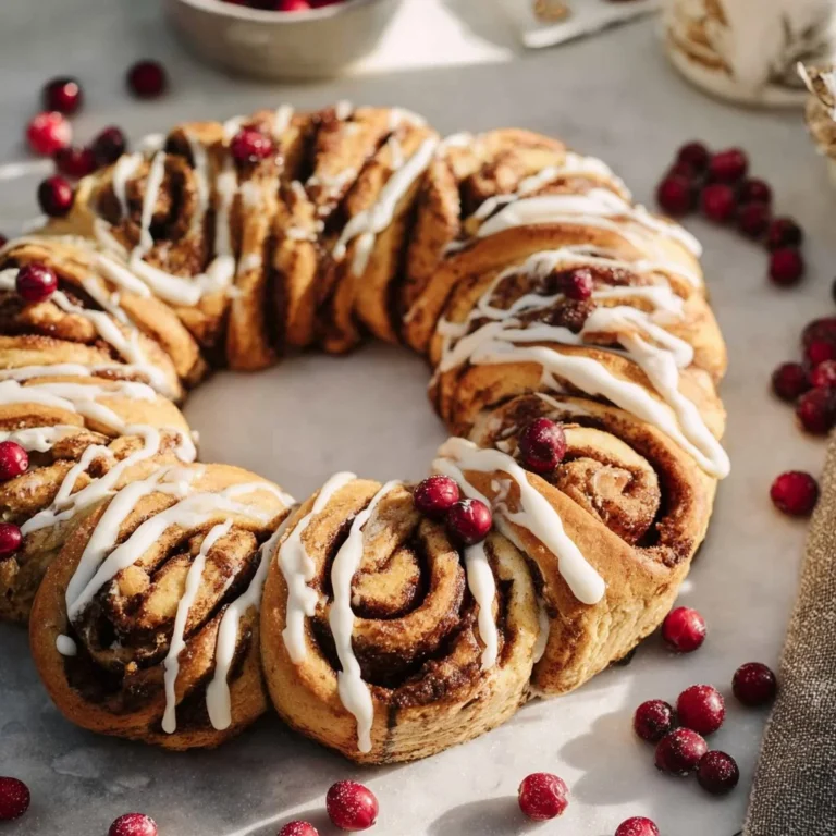 Delicious gluten-free cinnamon roll wreath adorned with icing.