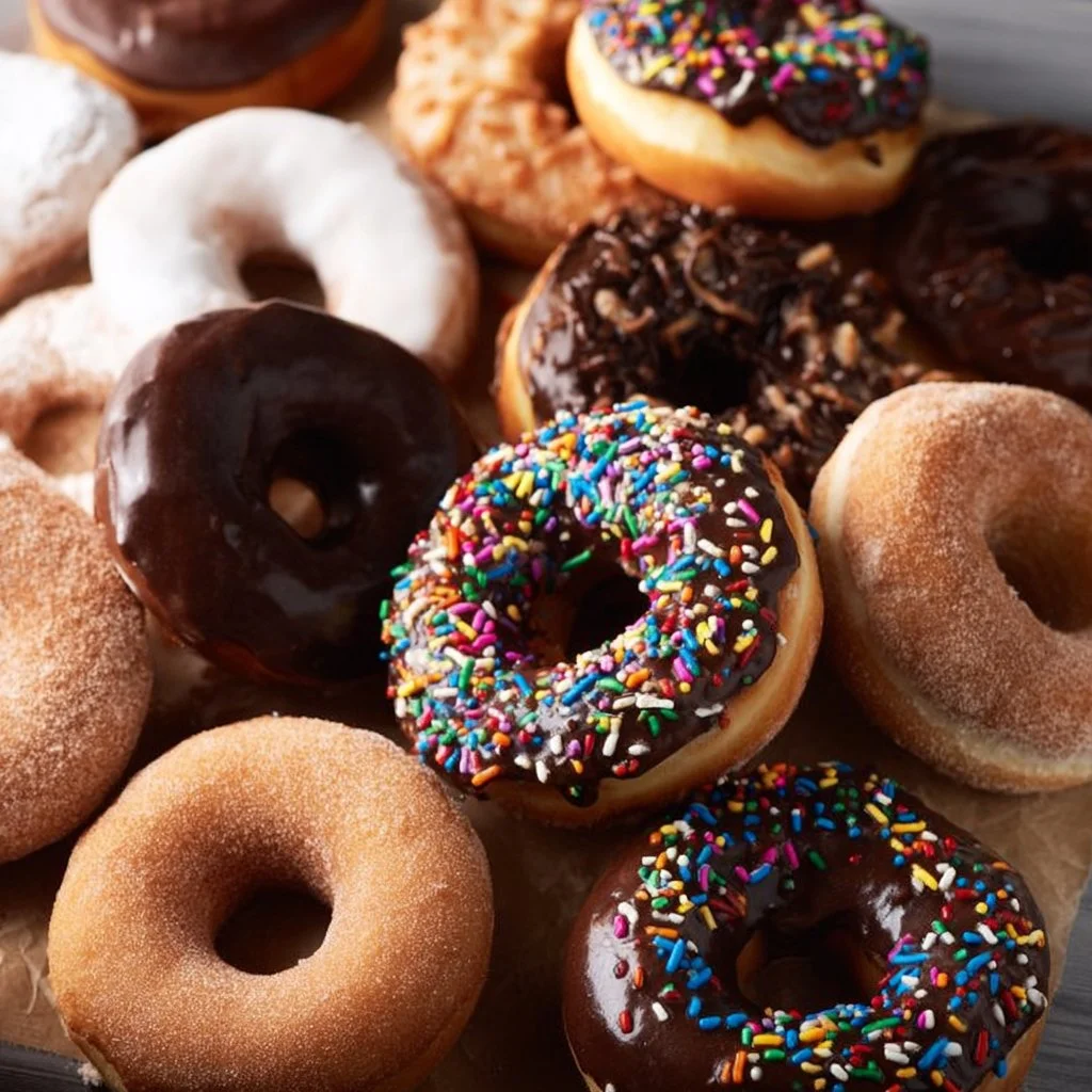Assorted gluten free donuts on a rustic wooden table