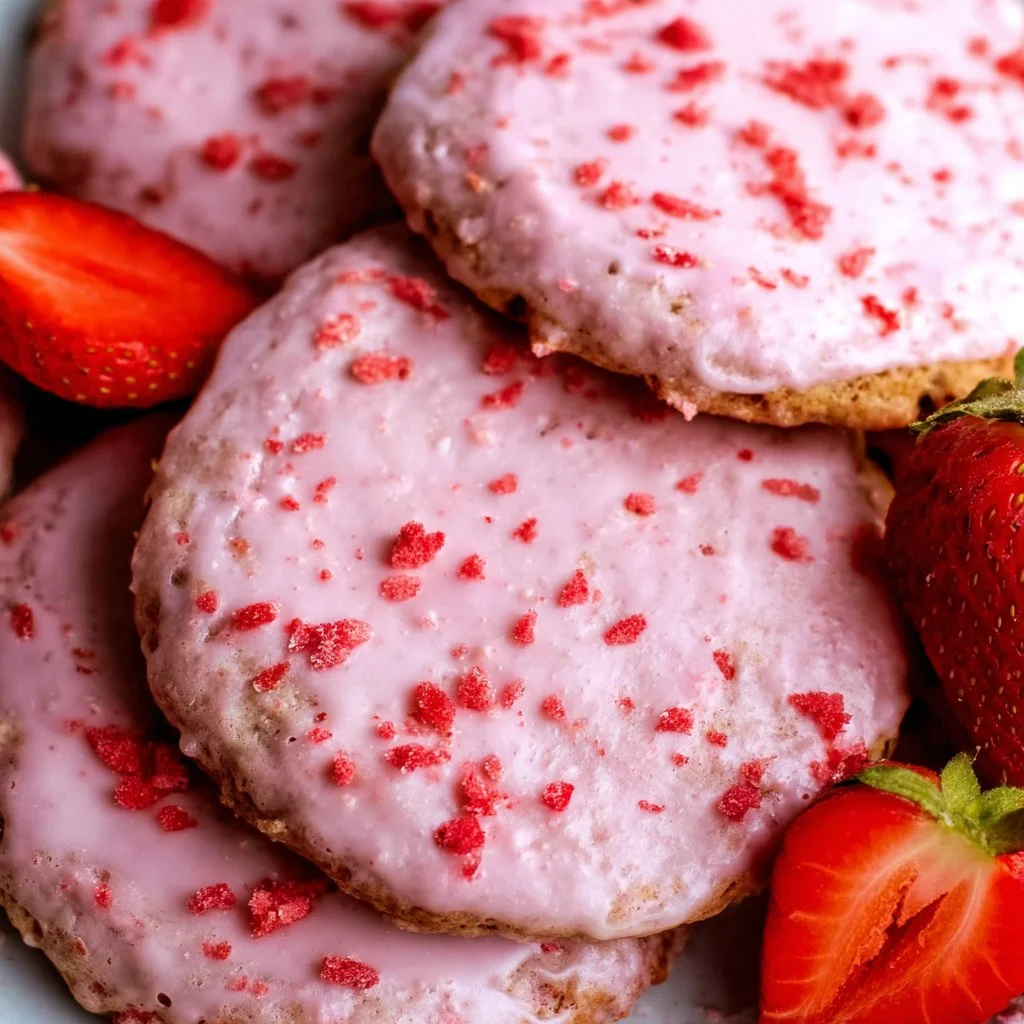 Gluten-free strawberry sugar cookies on a plate with fresh strawberries