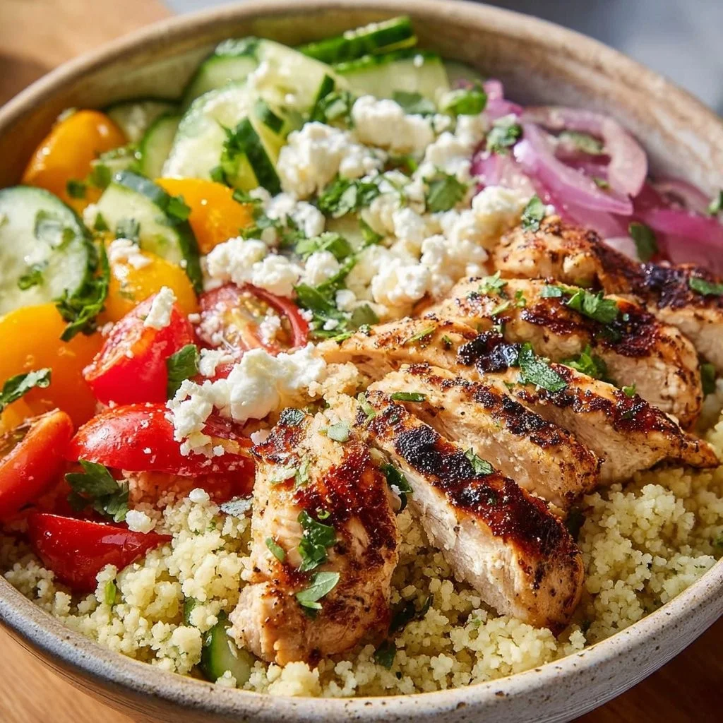 Delicious Greek Chicken Bowl topped with fresh vegetables and tzatziki sauce.