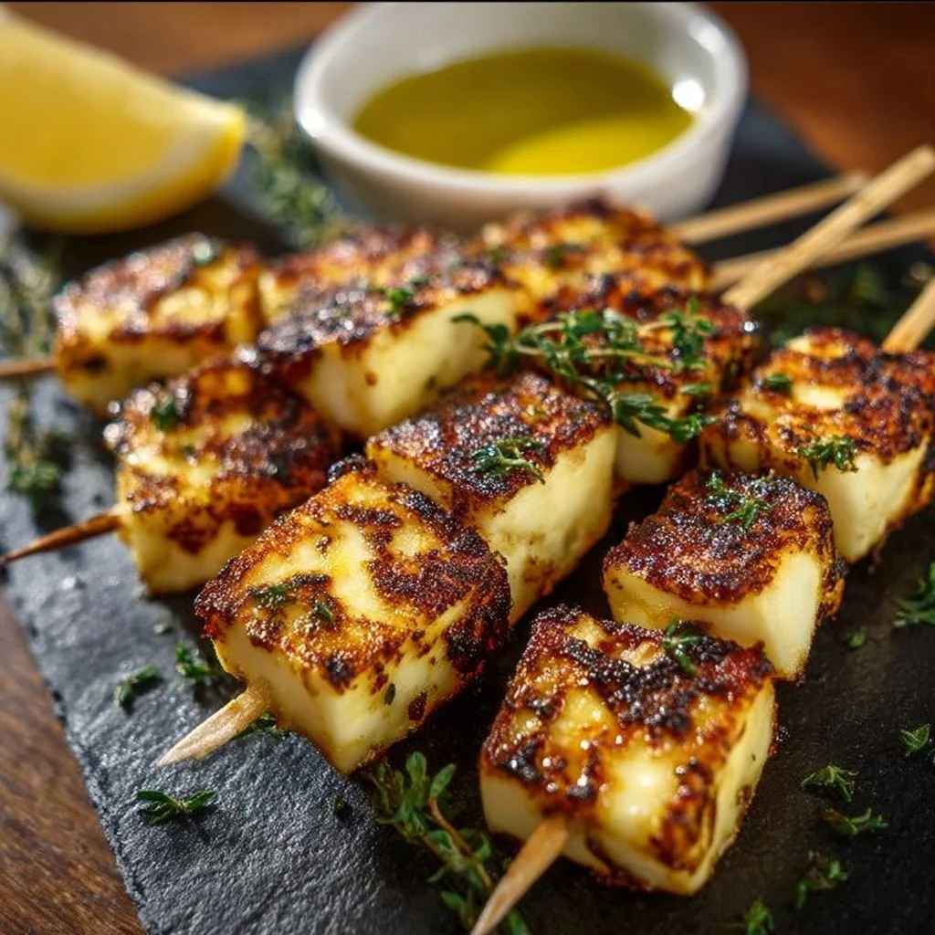 Grilled Halloumi Skewers with Lemon and Thyme on a serving platter