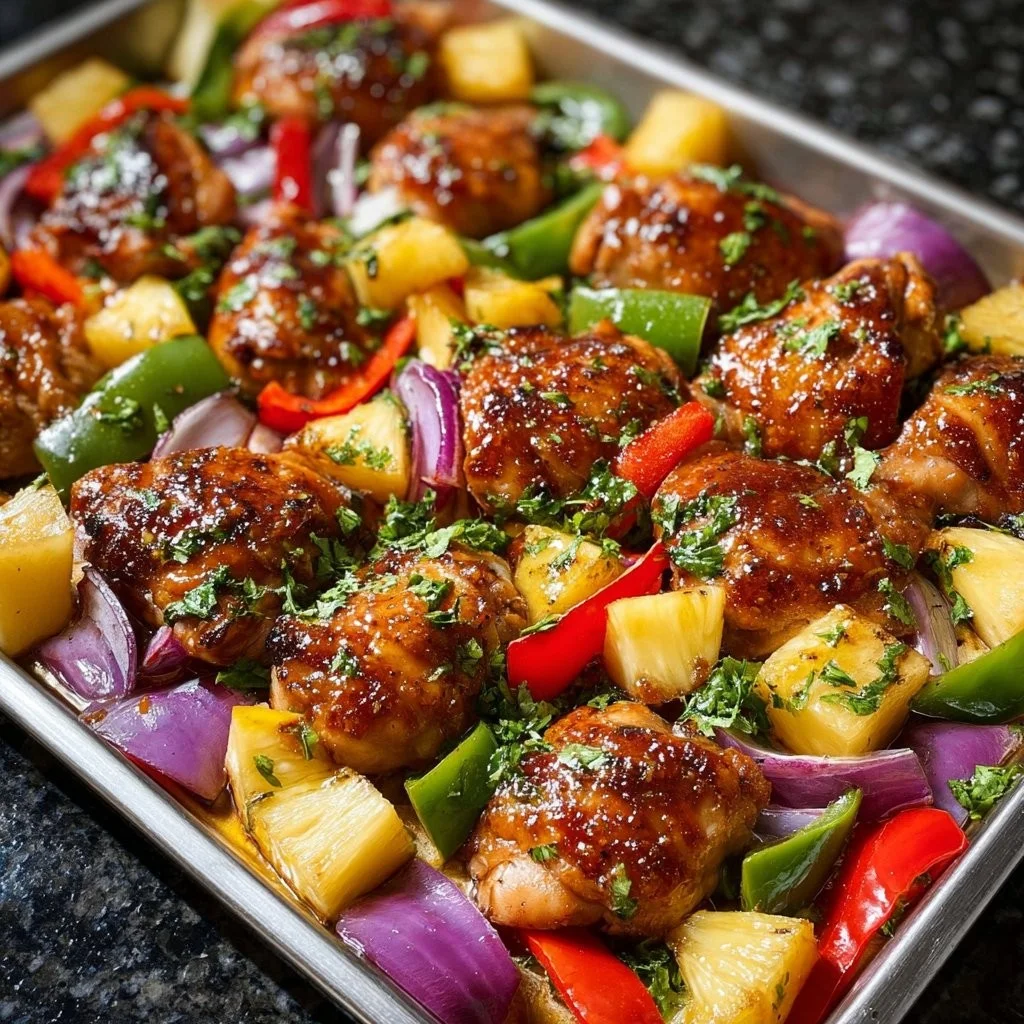 Hawaiian Chicken Sheet Pan with colorful vegetables and pineapple