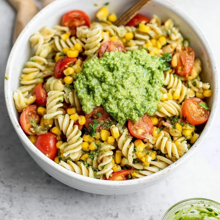 Healthy avocado pasta salad with vibrant vegetables and creamy dressing