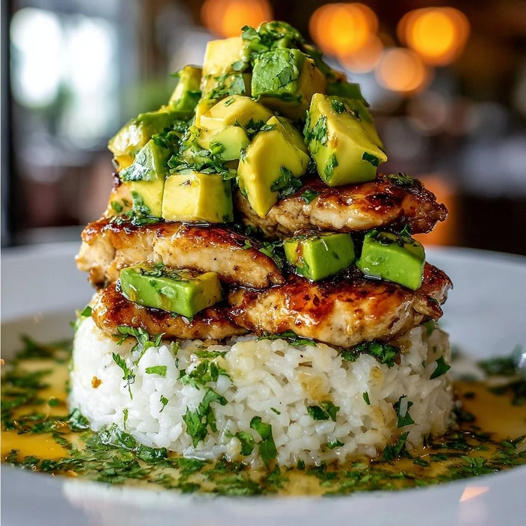 Honey Lime Chicken served with avocado rice stack for a vibrant meal