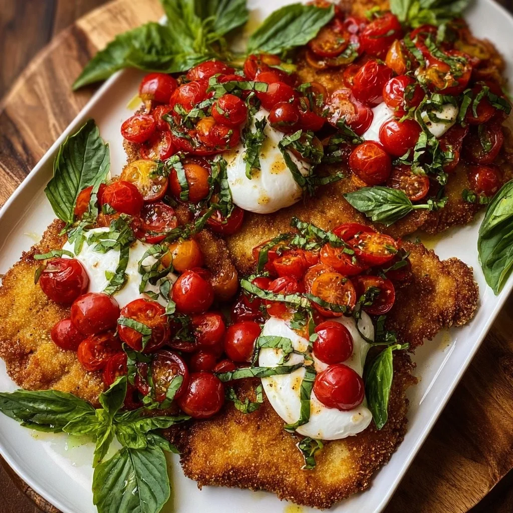 Italian Basil Chicken Cutlets topped with tomatoes and burrata cheese