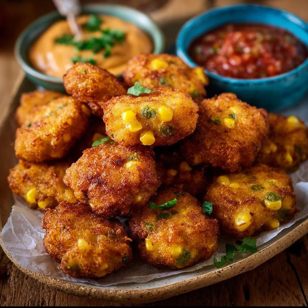 A plate of crispy Jalapeño Corn Nuggets, golden brown and served with dipping sauce.