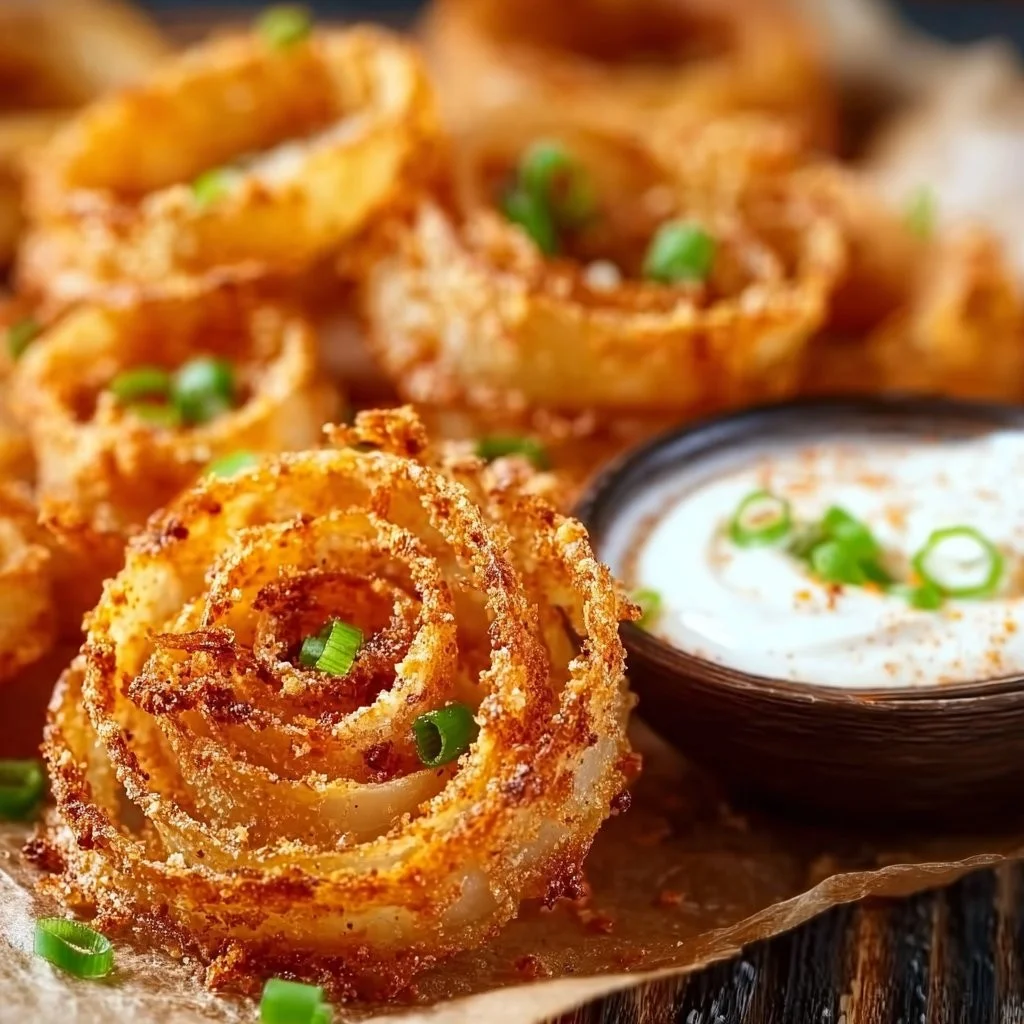 Low-carb baked onion rings on a plate with dipping sauce