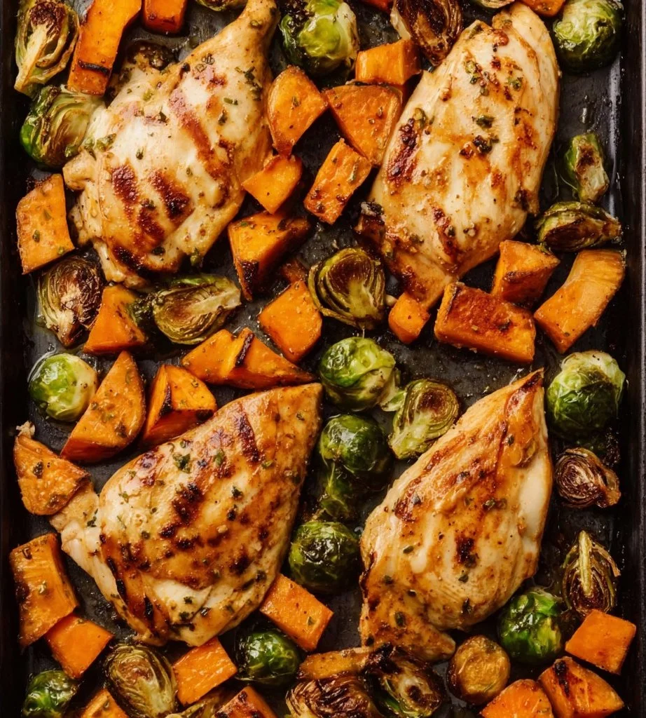 Maple Dijon Chicken sheet pan meal garnished with green herbs