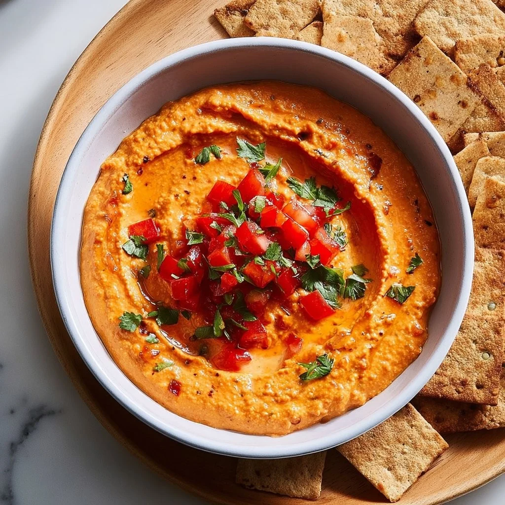 Delicious roasted carrot and red pepper feta dip served in a bowl