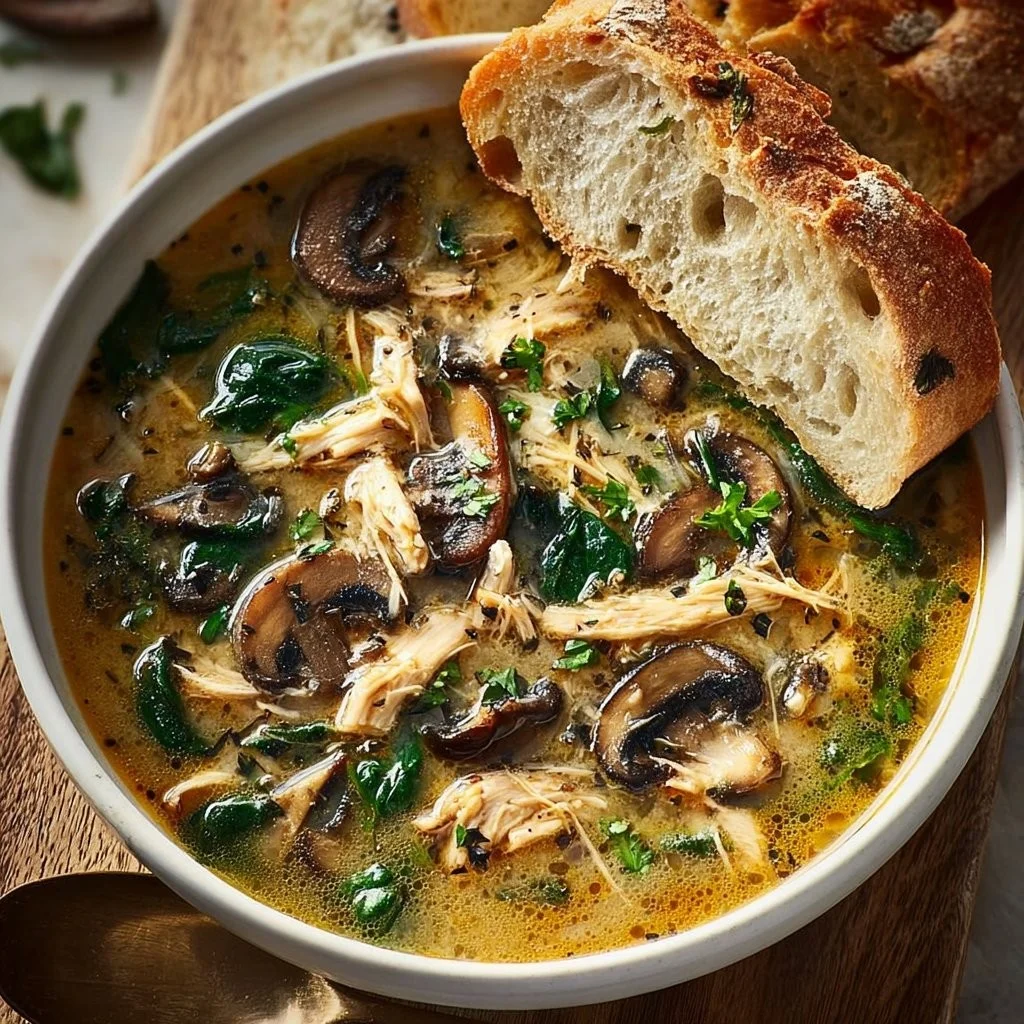 Creamy rotisserie chicken mushroom soup served in a bowl