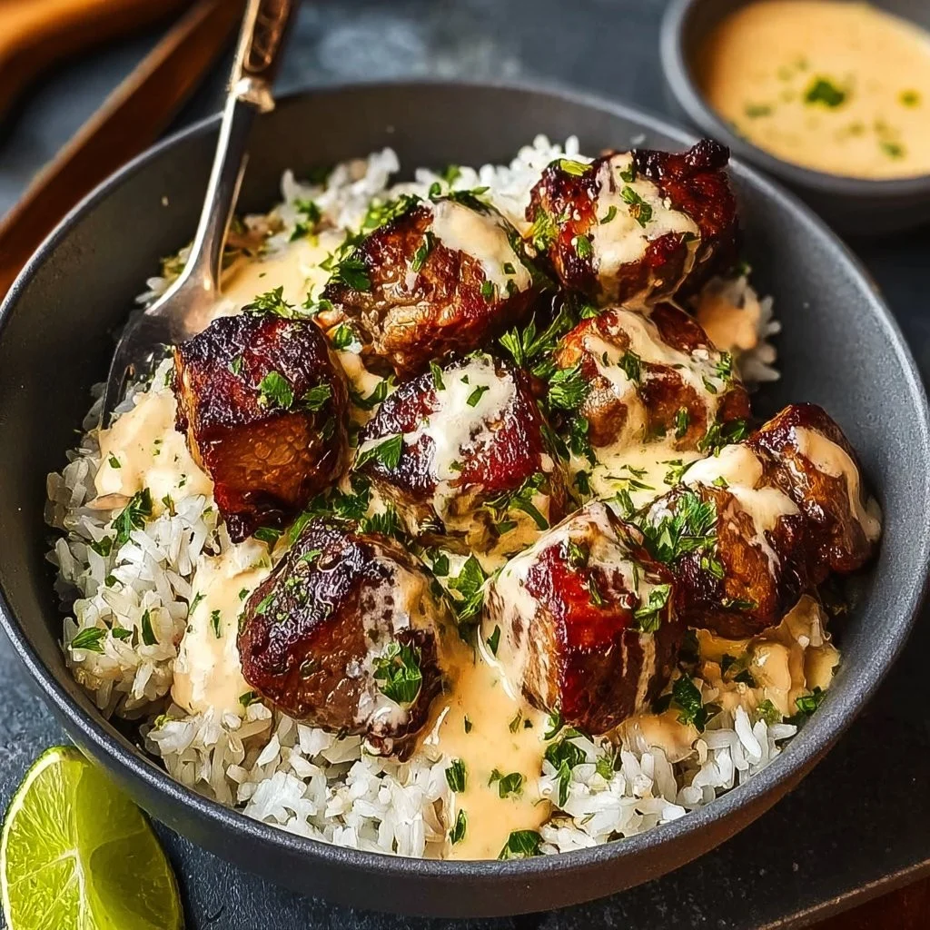 Juicy steak bites served with a rich creamy parmesan sauce