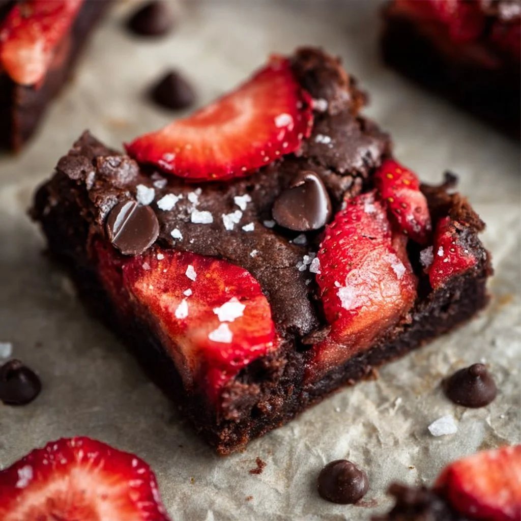 Plate of Strawberry Chocolate Brownies topped with fresh strawberries