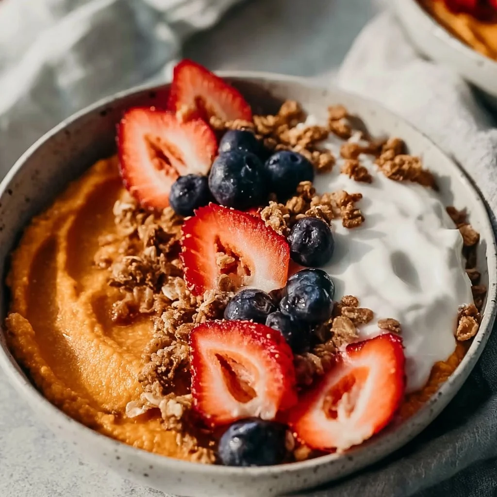 Healthy Sweet Potato Breakfast Bowl topped with fresh ingredients
