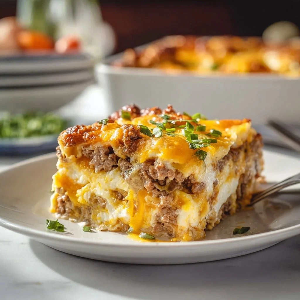 Delicious ultimate overnight breakfast casserole topped with fresh herbs.