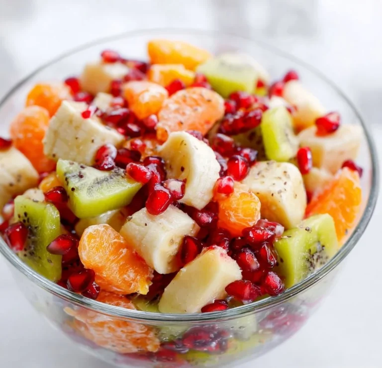 Colorful winter fruit salad with seasonal fruits like citrus and pomegranate.