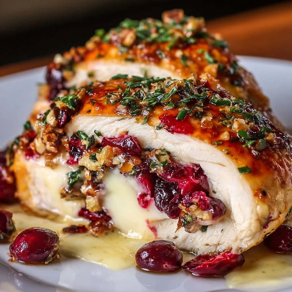 Cranberry brie stuffed chicken breast with herbs and spices