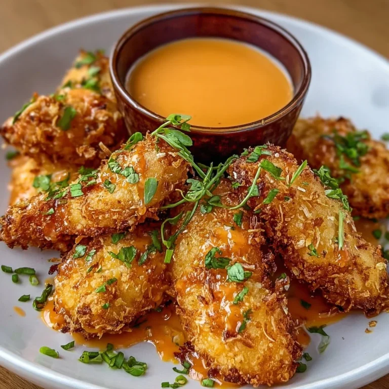 Plate of Crispy Coconut Chicken drizzled with Bang Bang Sauce