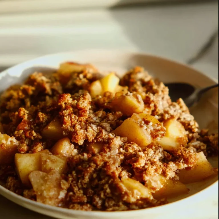 Healthy Breakfast Apple Crumble topped with oats and cinnamon, served in a bowl.