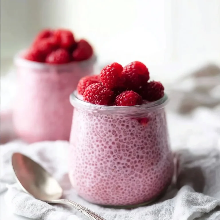 Bowl of raspberry chia pudding topped with fresh raspberries and maple syrup