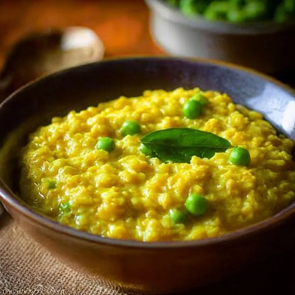 Bowl of red lentils and oats porridge topped with fruits and nuts for a healthy breakfast