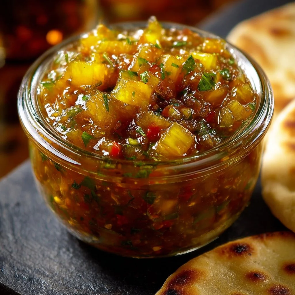 Homemade Spicy Pineapple Jalapeño Chutney in a jar with fresh ingredients