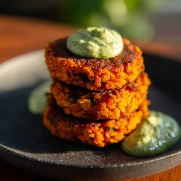 Crispy sweet potato and red lentil patties with avocado cilantro sauce