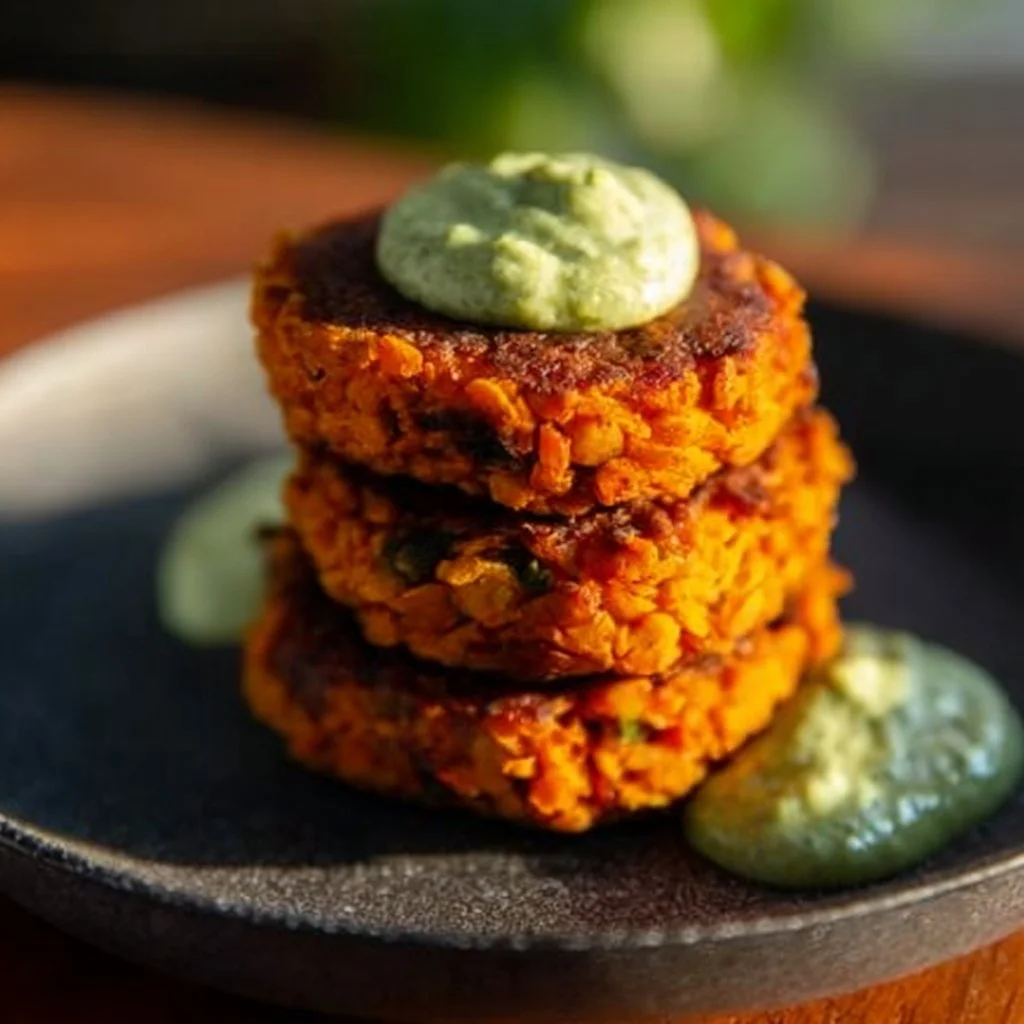 Crispy sweet potato and red lentil patties with avocado cilantro sauce
