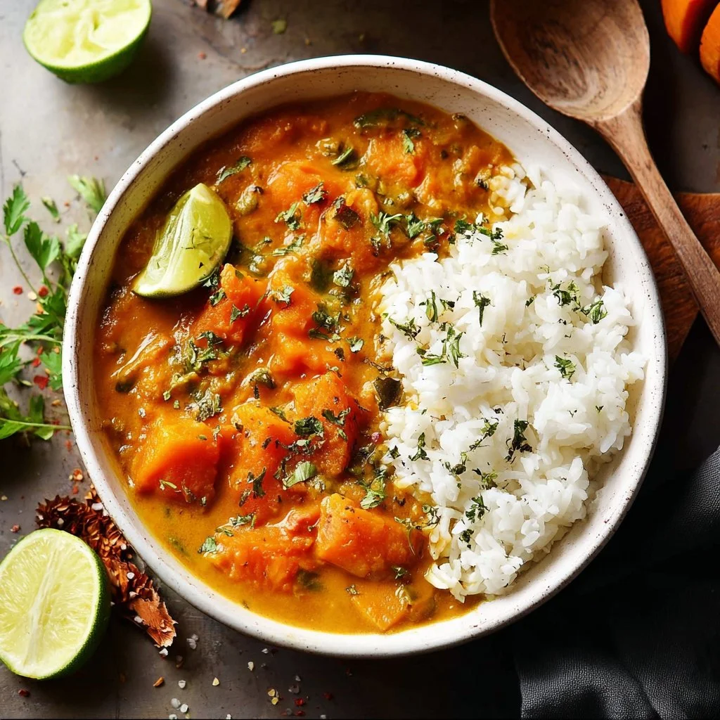Bowl of Indian pumpkin curry with spices and herbs