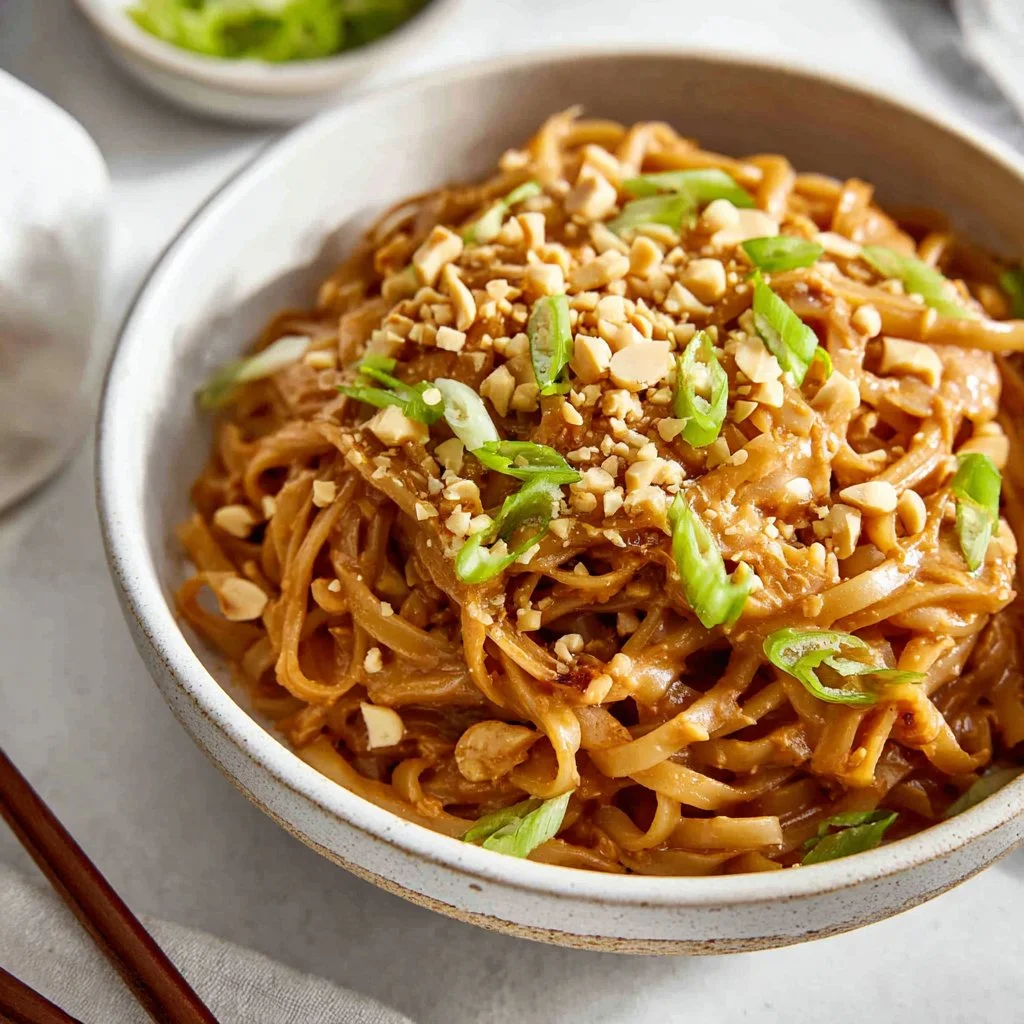 Spicy Peanut Butter Noodles topped with fresh herbs and chili flakes