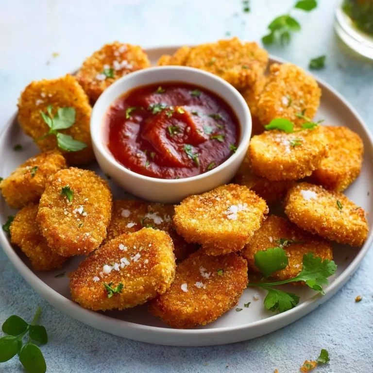 Plate of crispy vegan chickpea nuggets served with dipping sauce